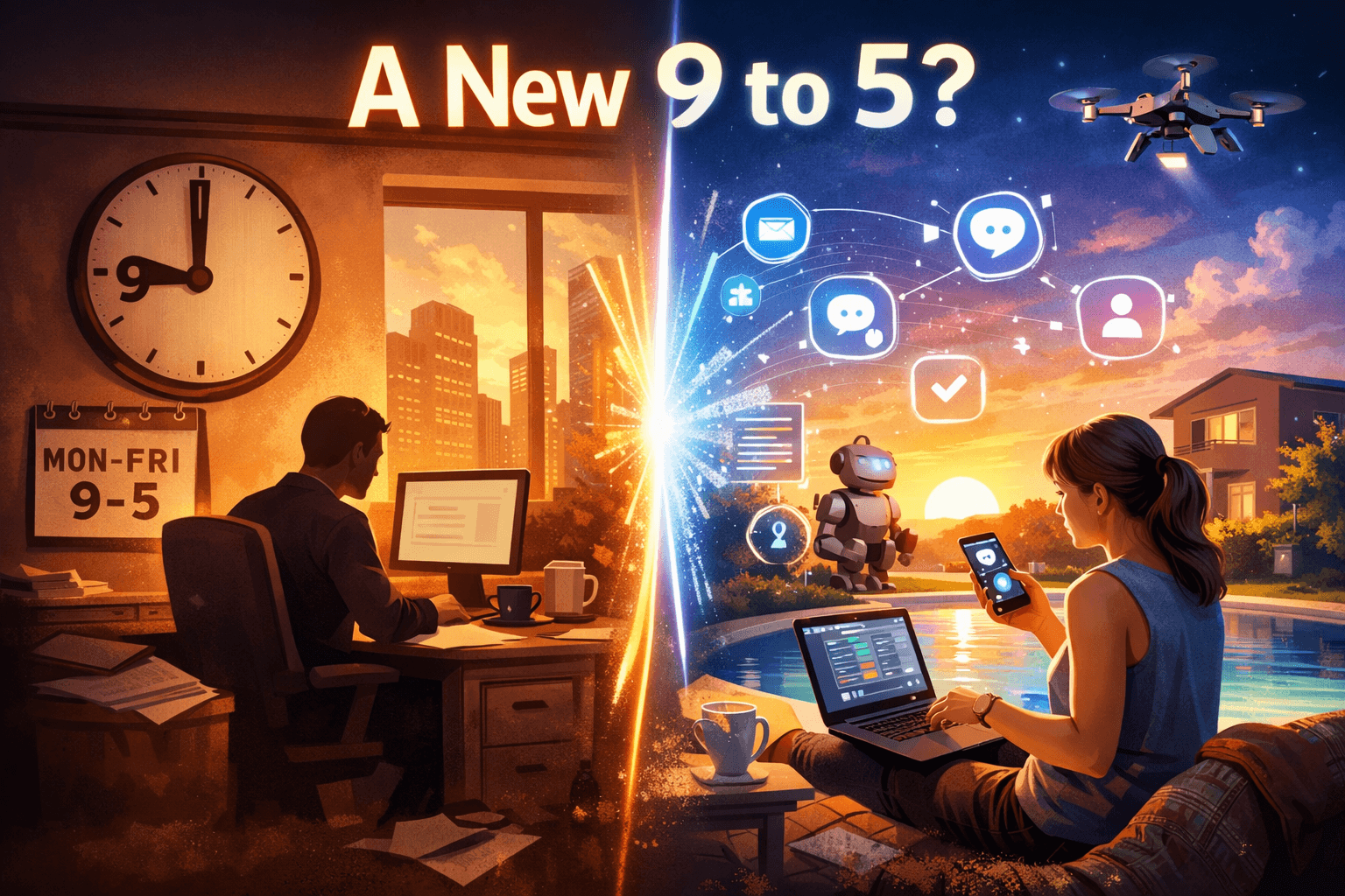 Editorial illustration of clocks and workflow blocks representing an agentic workday